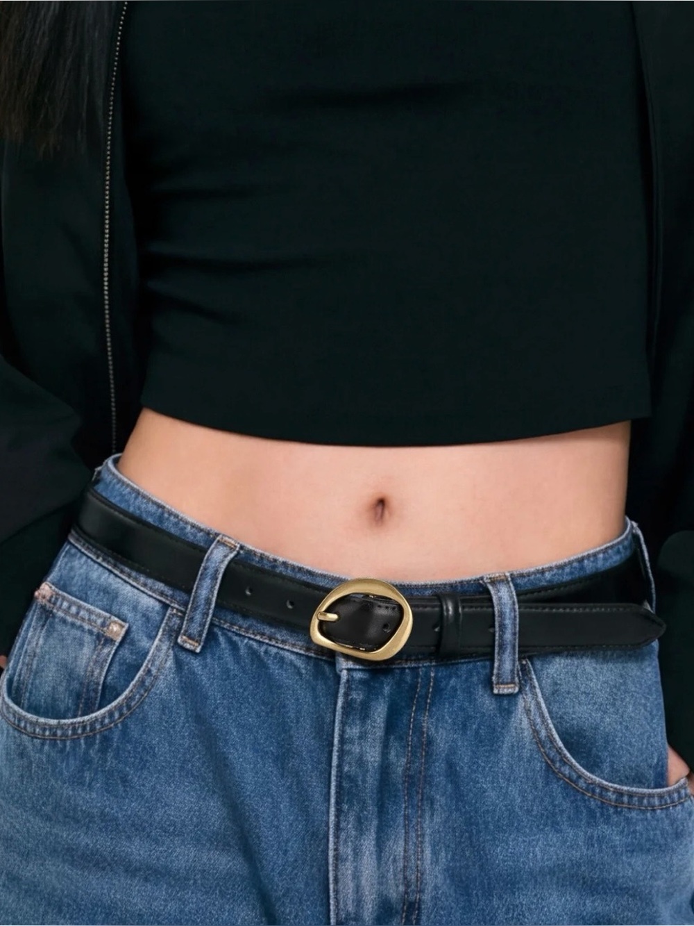 Boutique Black Leather Belt with Gold Oval Buckle - Women